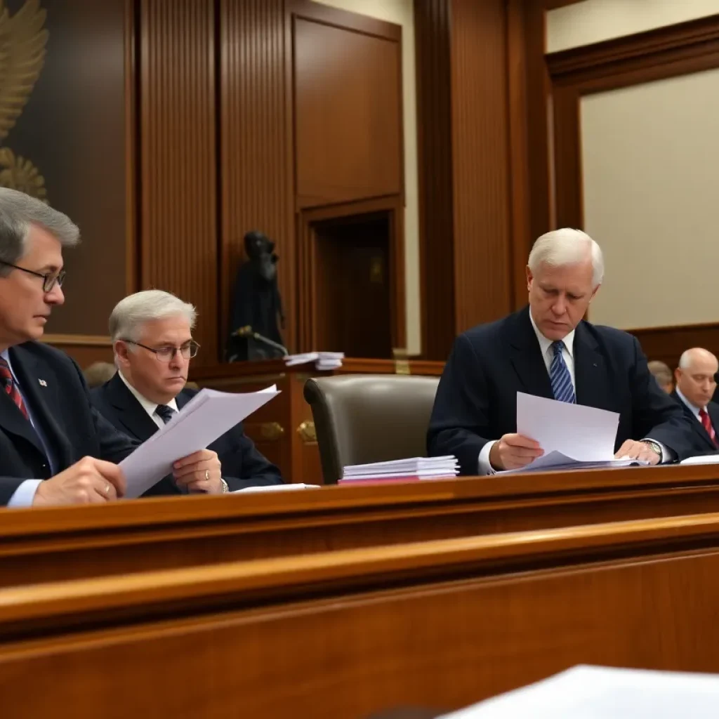 Judges in a courtroom discussing federal funding policies