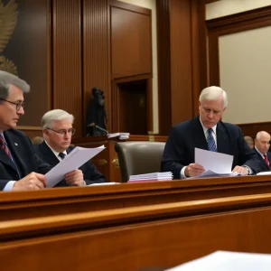 Judges in a courtroom discussing federal funding policies