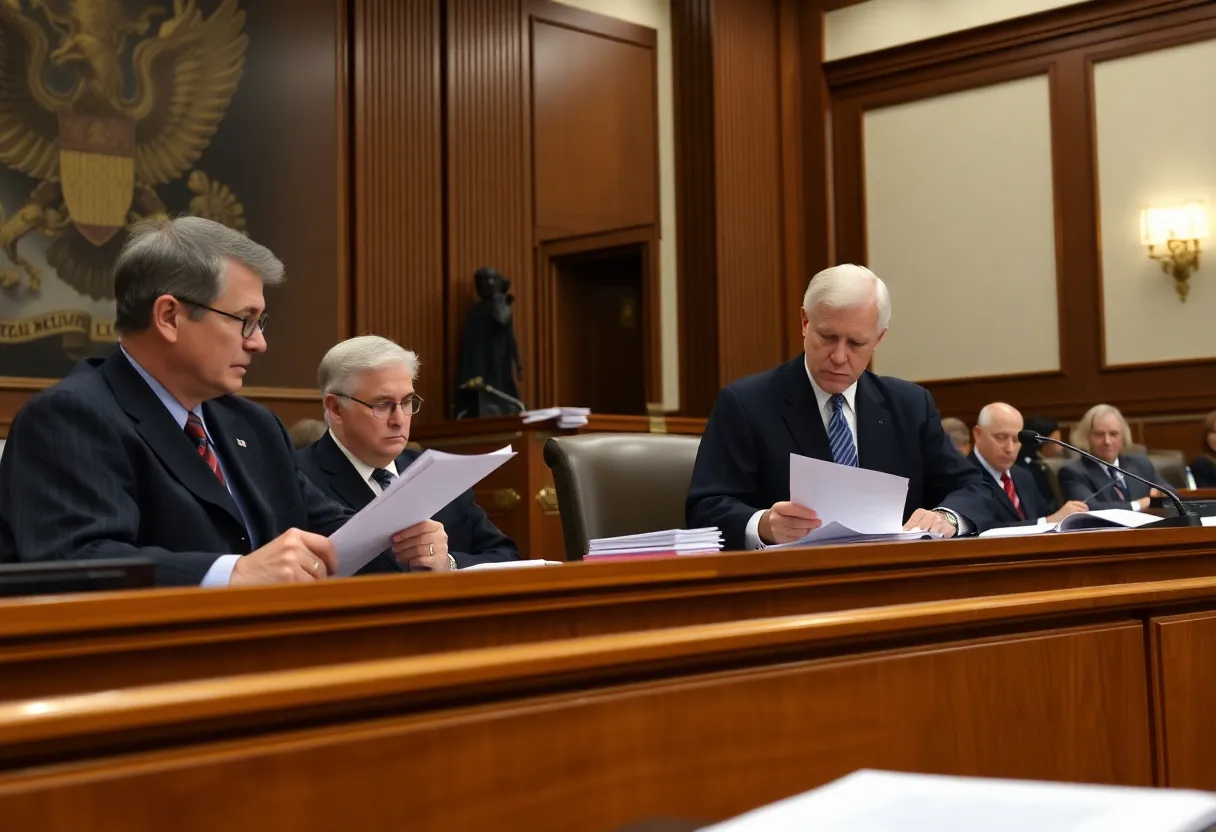 Judges in a courtroom discussing federal funding policies