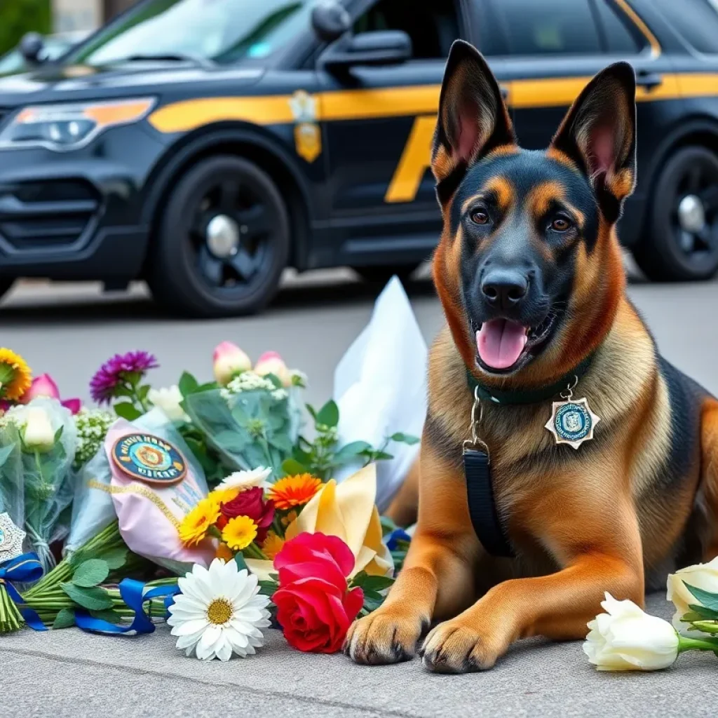 Memorial for K9 Officer Coba with flowers and badges.