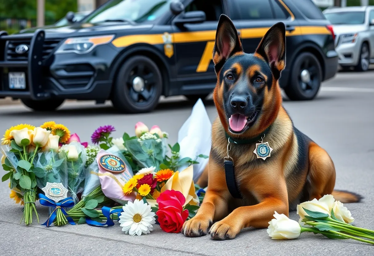 Memorial for K9 Officer Coba with flowers and badges.