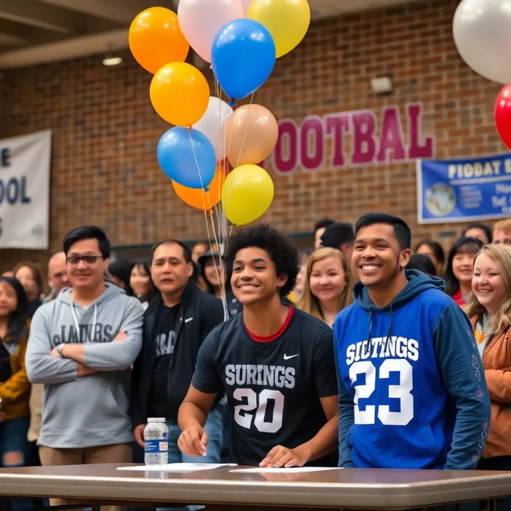 A crowd celebrating a high school athlete signing with a college, with balloons and banners in the background.