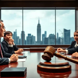 Courtroom scene with lawyers and New York City skyline