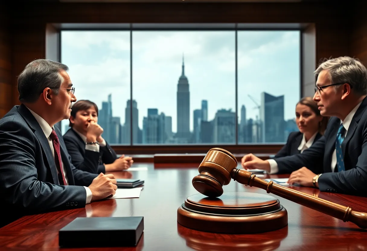 Courtroom scene with lawyers and New York City skyline