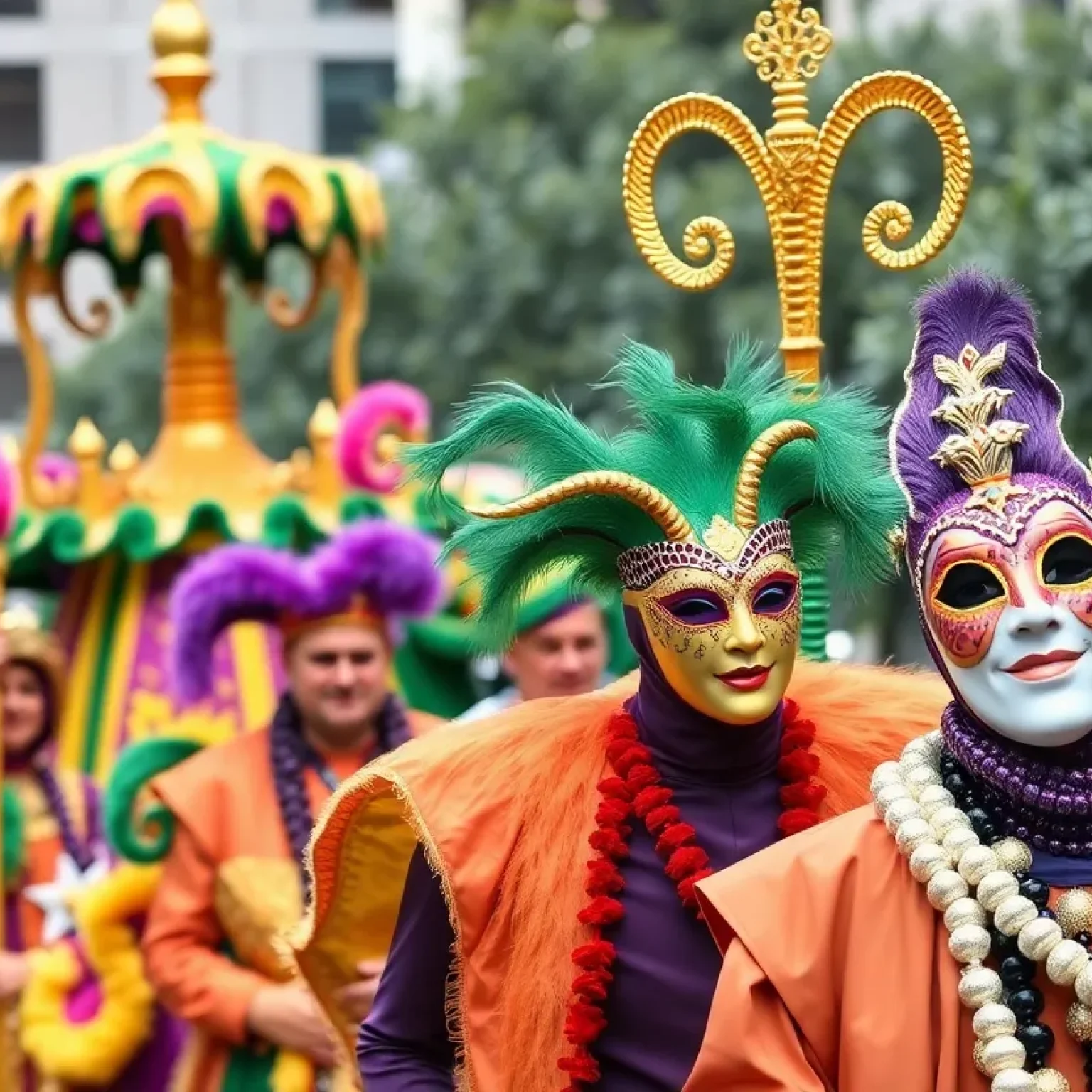 Festive Mardi Gras parade with colorful decorations and safety presence