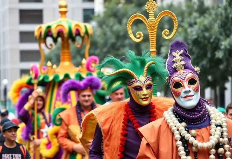 Festive Mardi Gras parade with colorful decorations and safety presence