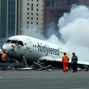 Wreckage of a medical transport plane with first responders at the crash site