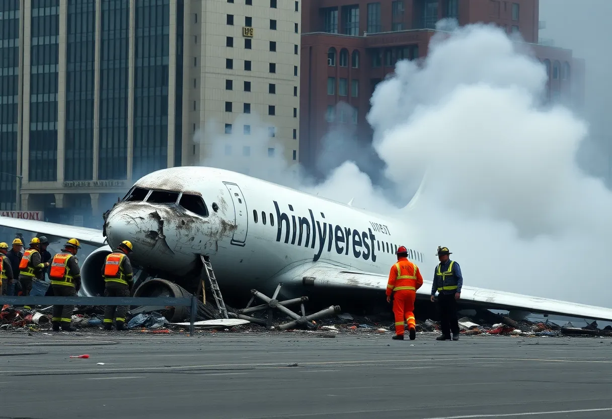 Wreckage of a medical transport plane with first responders at the crash site