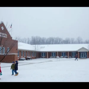 Snow-covered school in the Midlands region