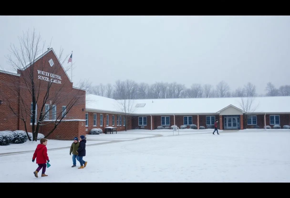 Snow-covered school in the Midlands region