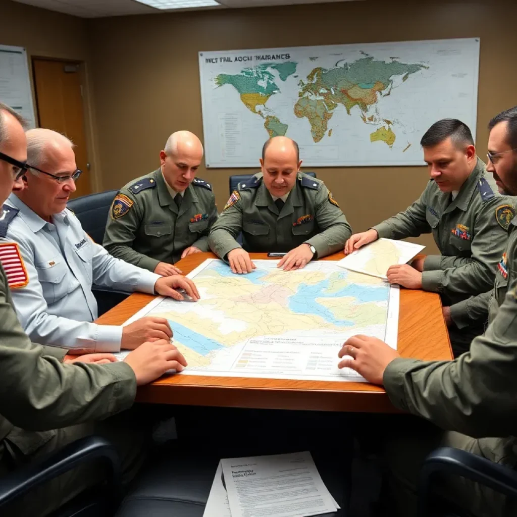 Military officials discussing strategy in a command room