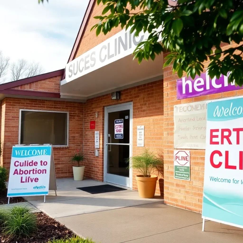 Entrance of a Missouri abortion clinic with a welcoming atmosphere.