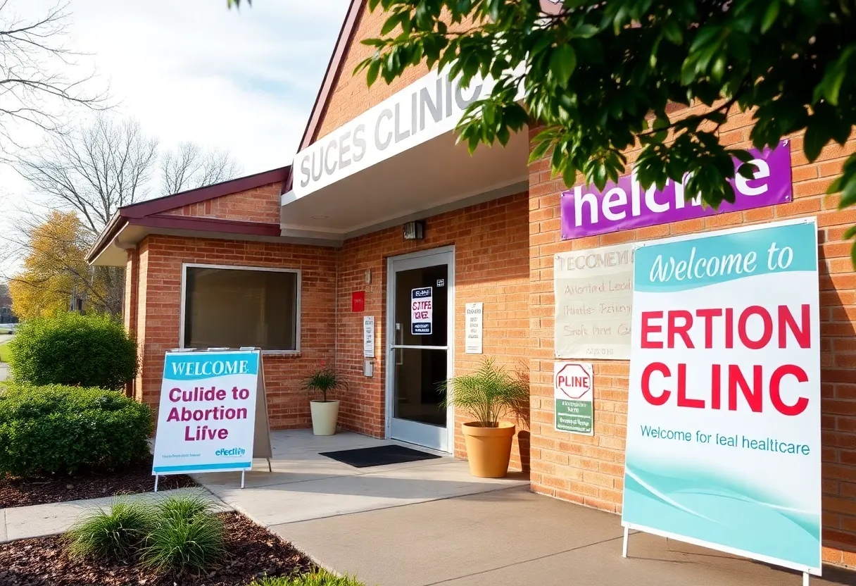 Entrance of a Missouri abortion clinic with a welcoming atmosphere.