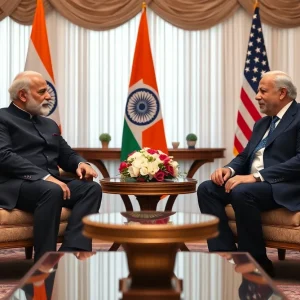 A diplomatic meeting between leaders symbolizing US-India relations.