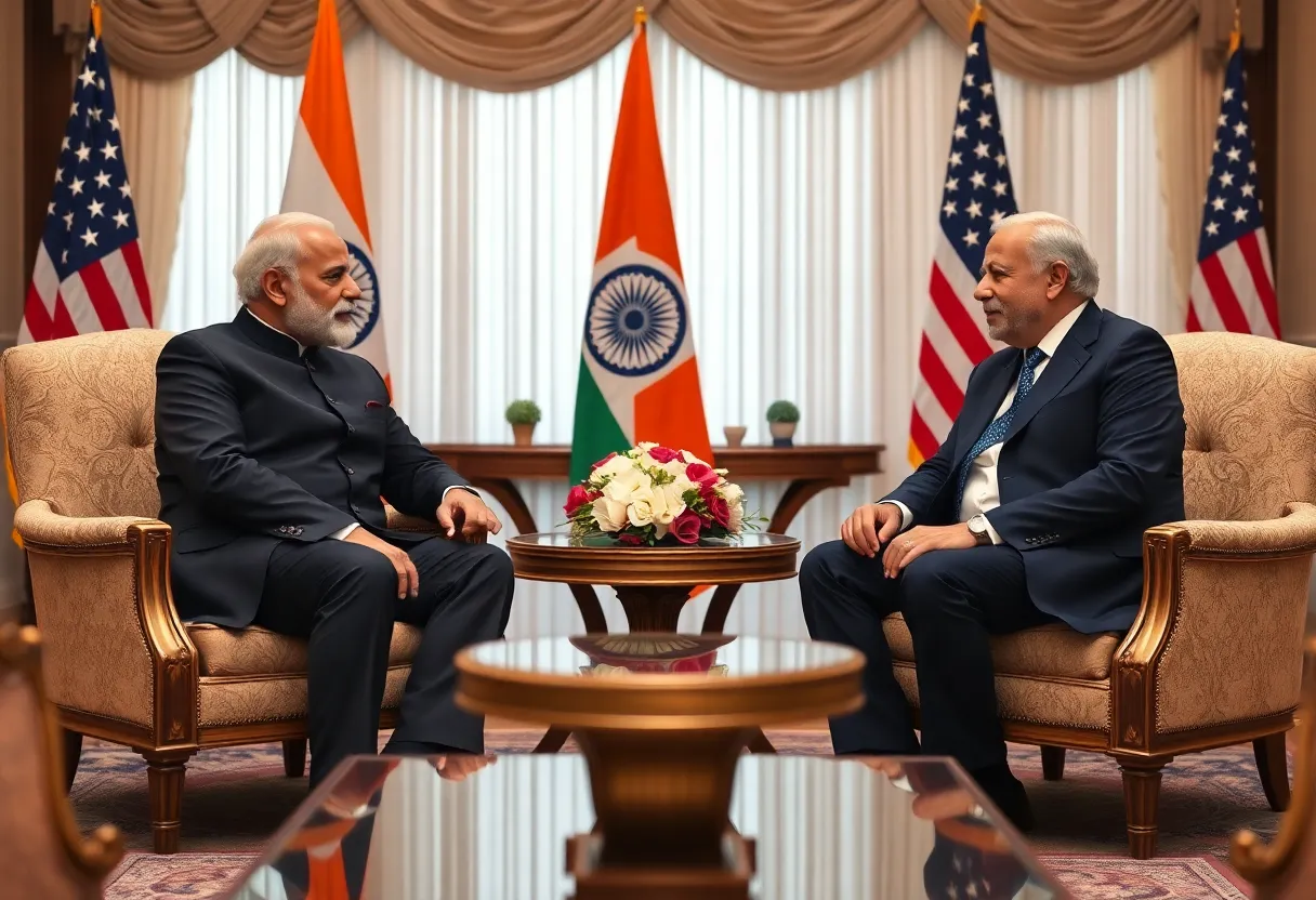 A diplomatic meeting between leaders symbolizing US-India relations.