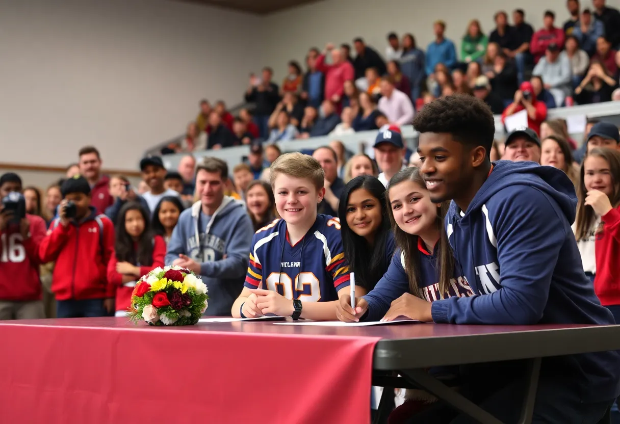 Mycheal Wallace signing his letter of intent at the ceremony.