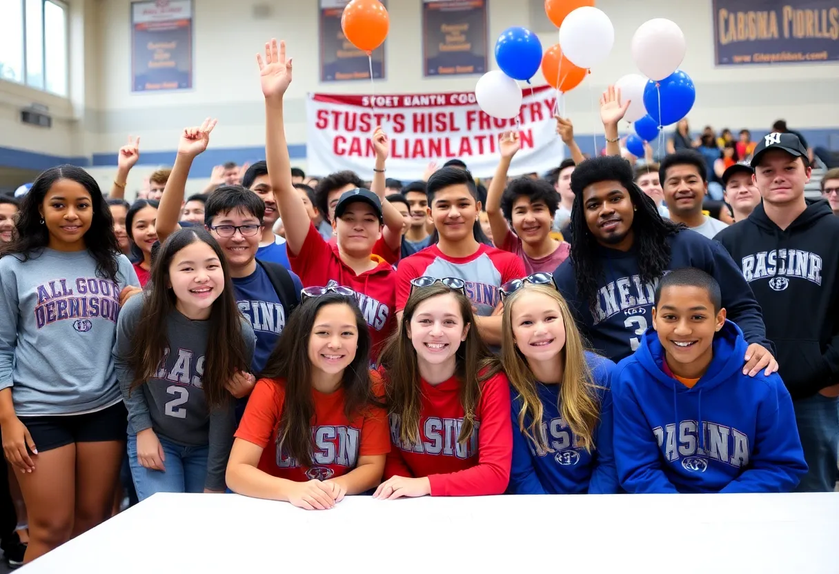 High school athletes celebrating National Signing Day