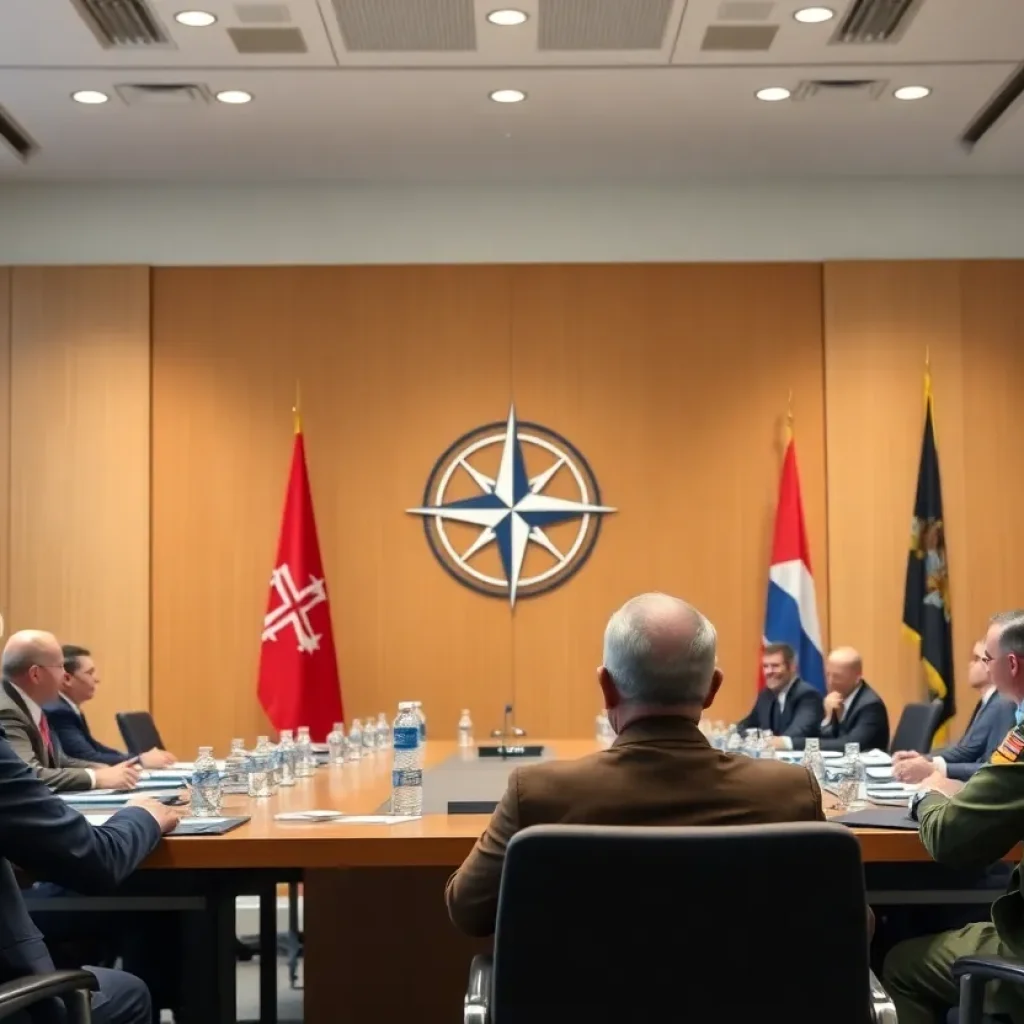 NATO leaders discussing military aid for Ukraine in a conference room.