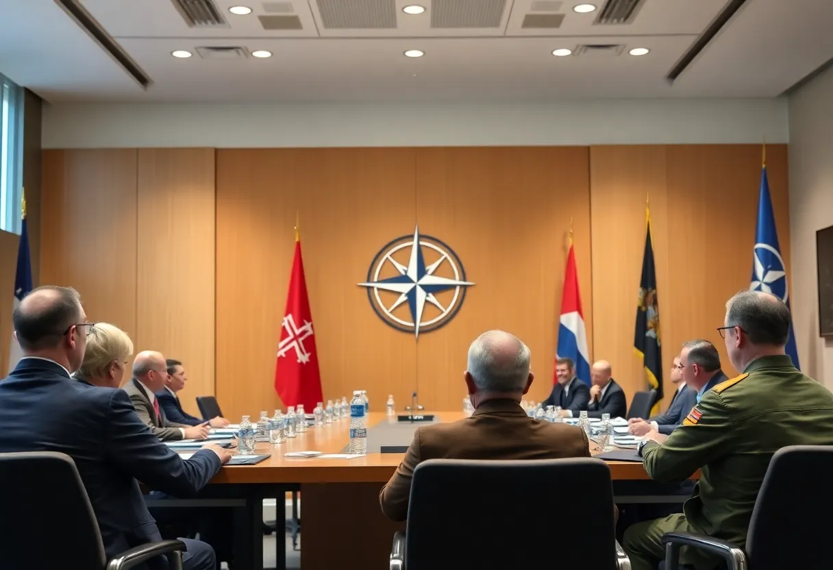 NATO leaders discussing military aid for Ukraine in a conference room.