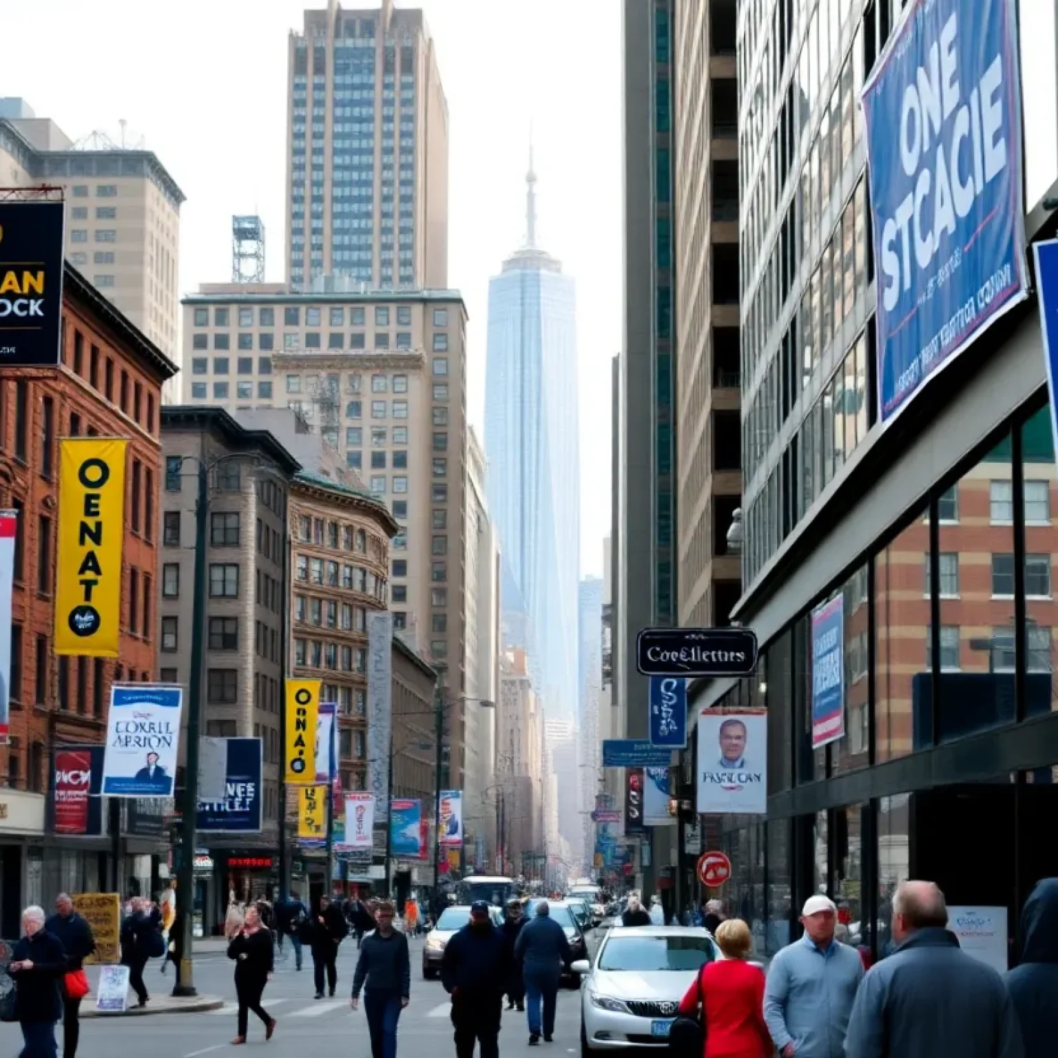 Bustling New York City street filled with campaign posters