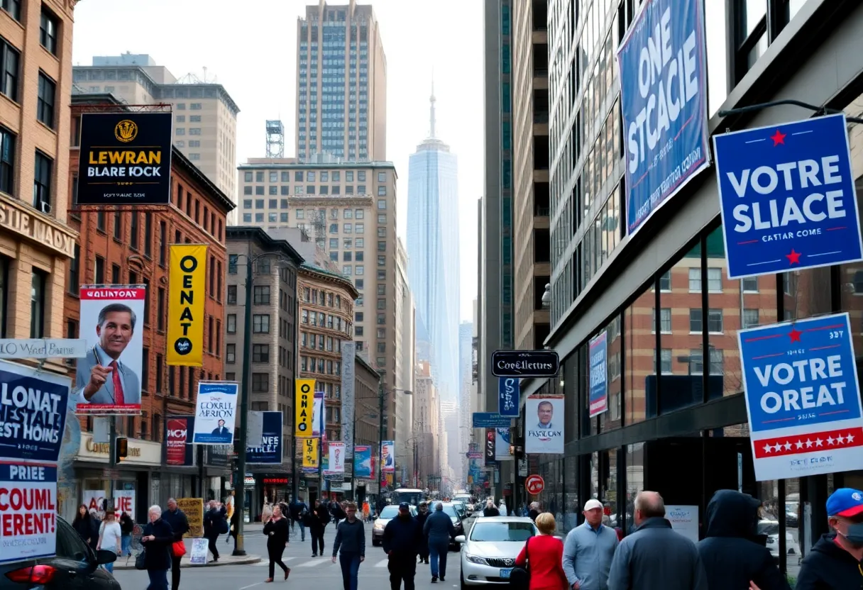 Bustling New York City street filled with campaign posters