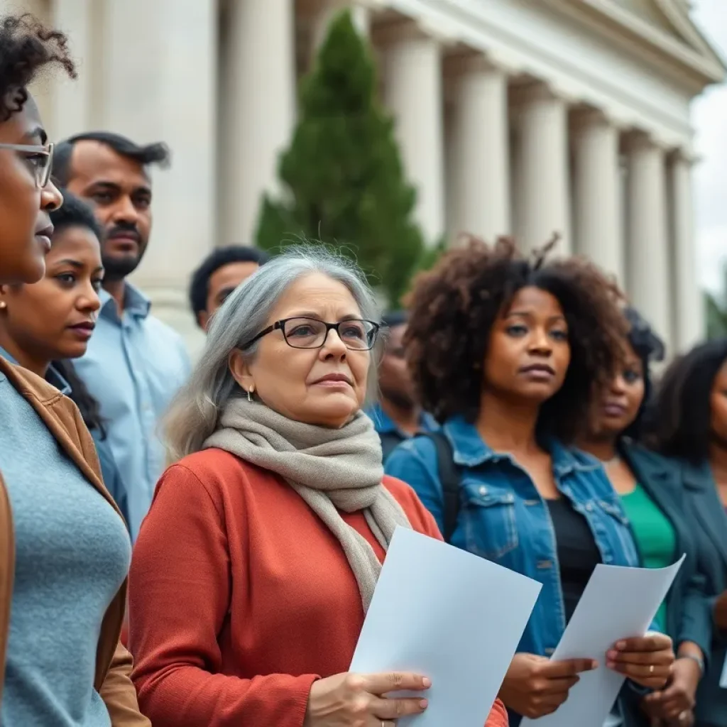 Group of concerned individuals in front of a government building