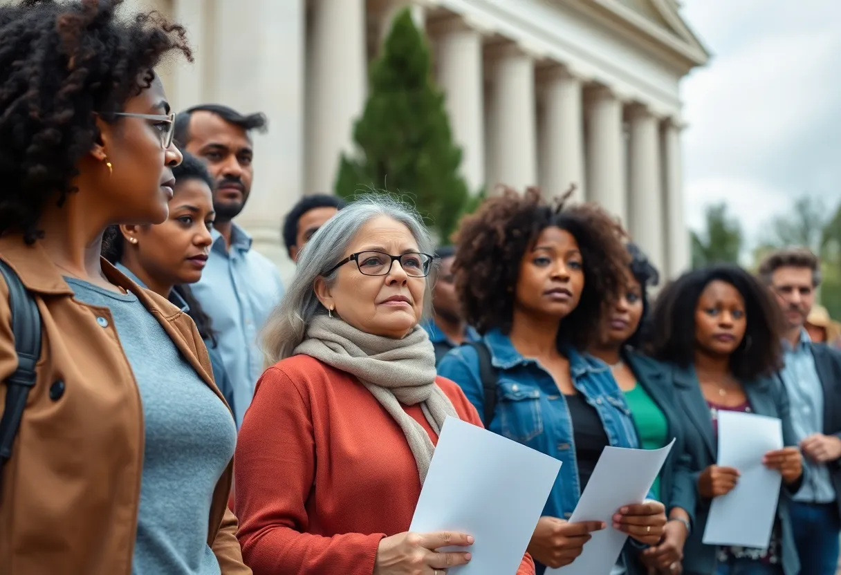 Group of concerned individuals in front of a government building