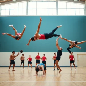 Acrobatics and tumbling athletes performing in a gymnasium