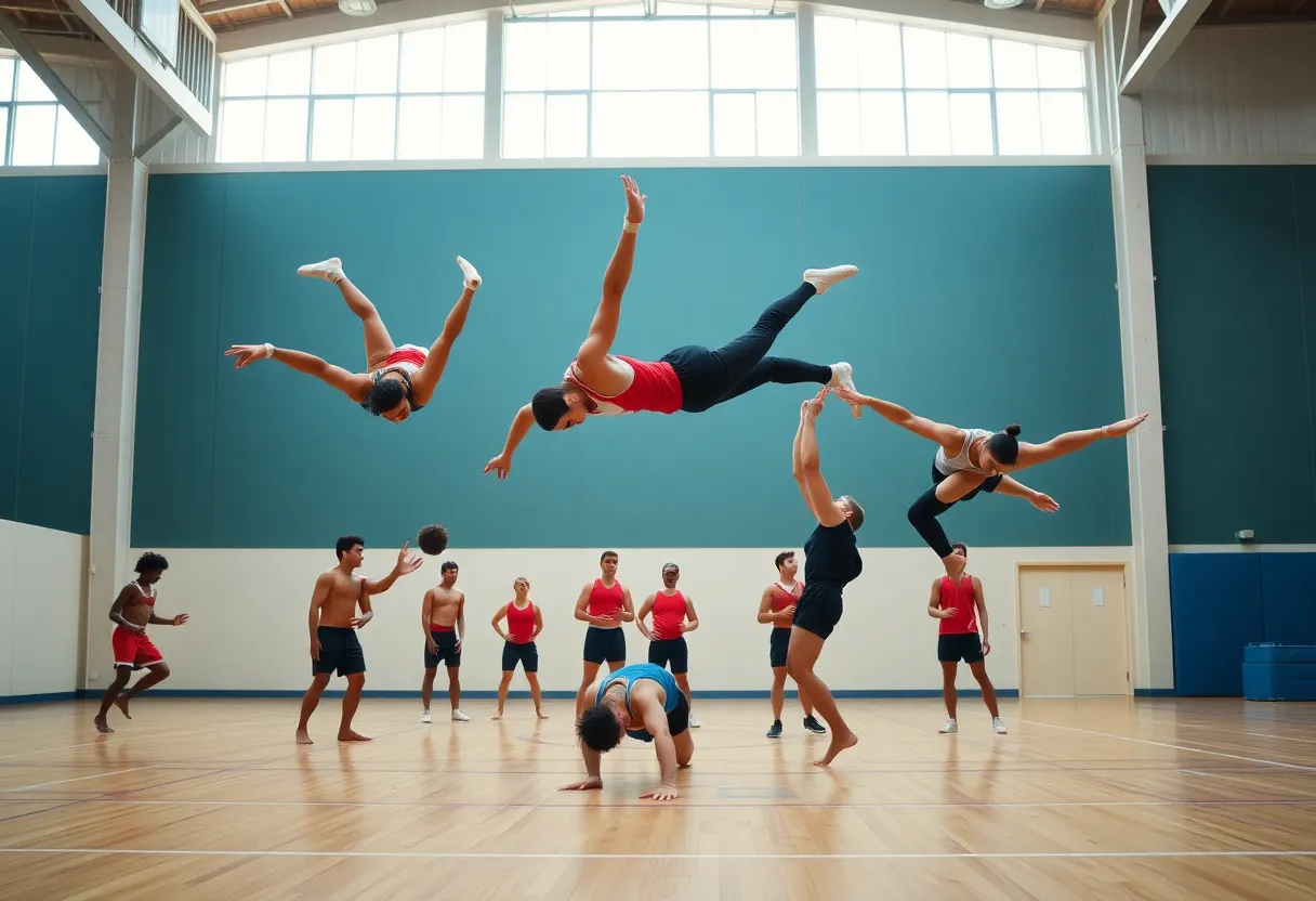 Acrobatics and tumbling athletes performing in a gymnasium