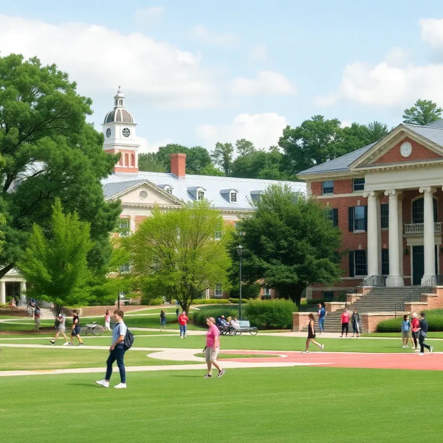 A beautiful view of Newberry College campus with students participating in activities