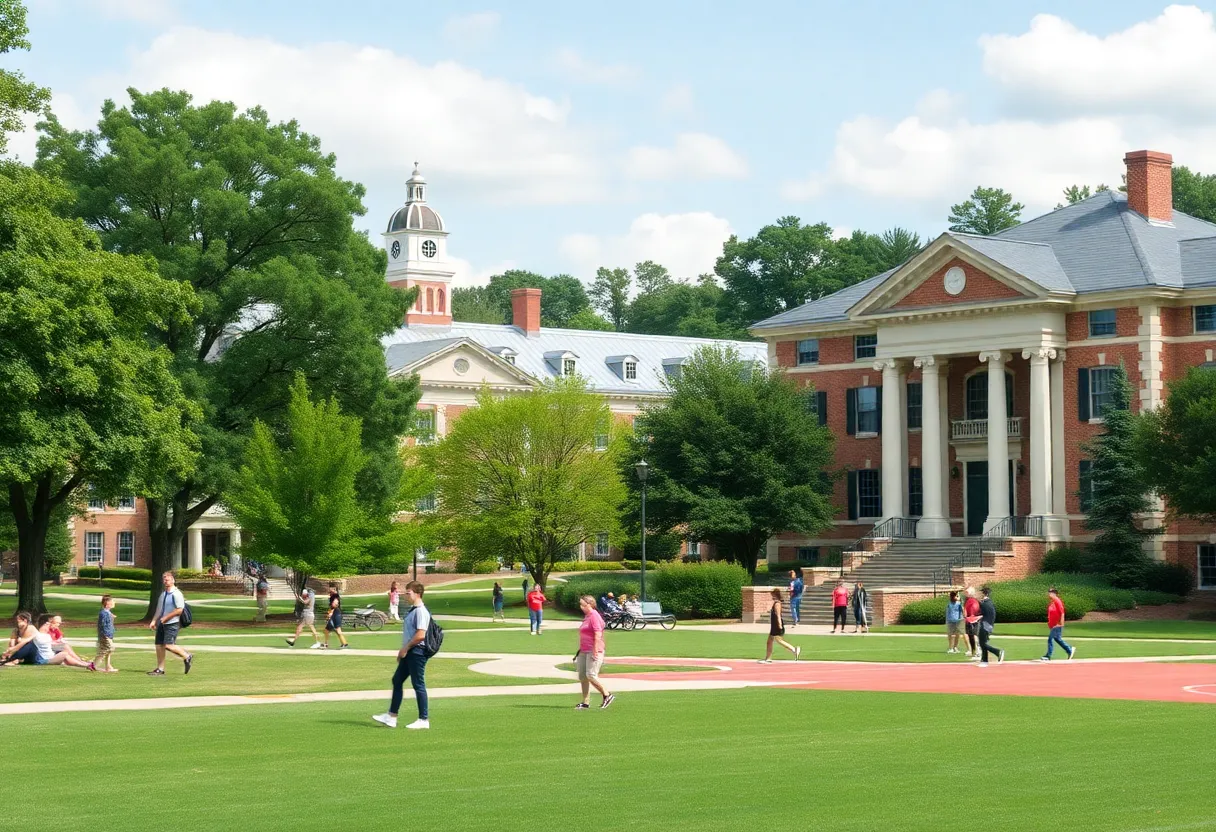 A beautiful view of Newberry College campus with students participating in activities