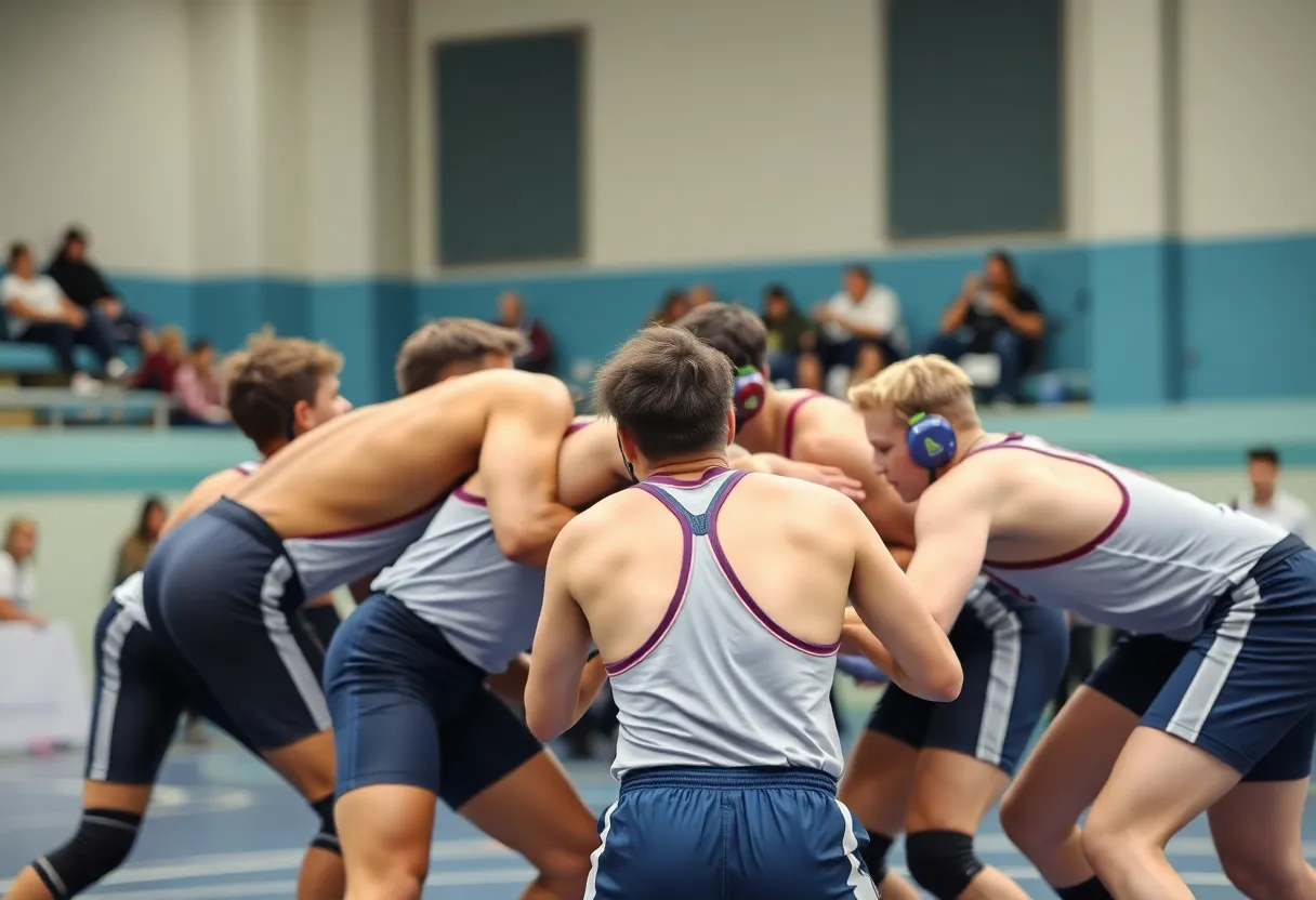 Newberry College wrestling team members demonstrating teamwork and enthusiasm