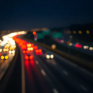 Dimly lit interstate highway at night emphasizing road safety.