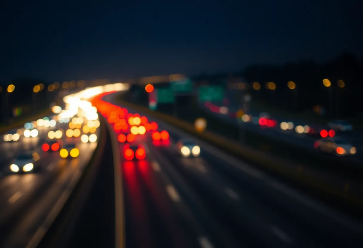 Dimly lit interstate highway at night emphasizing road safety.