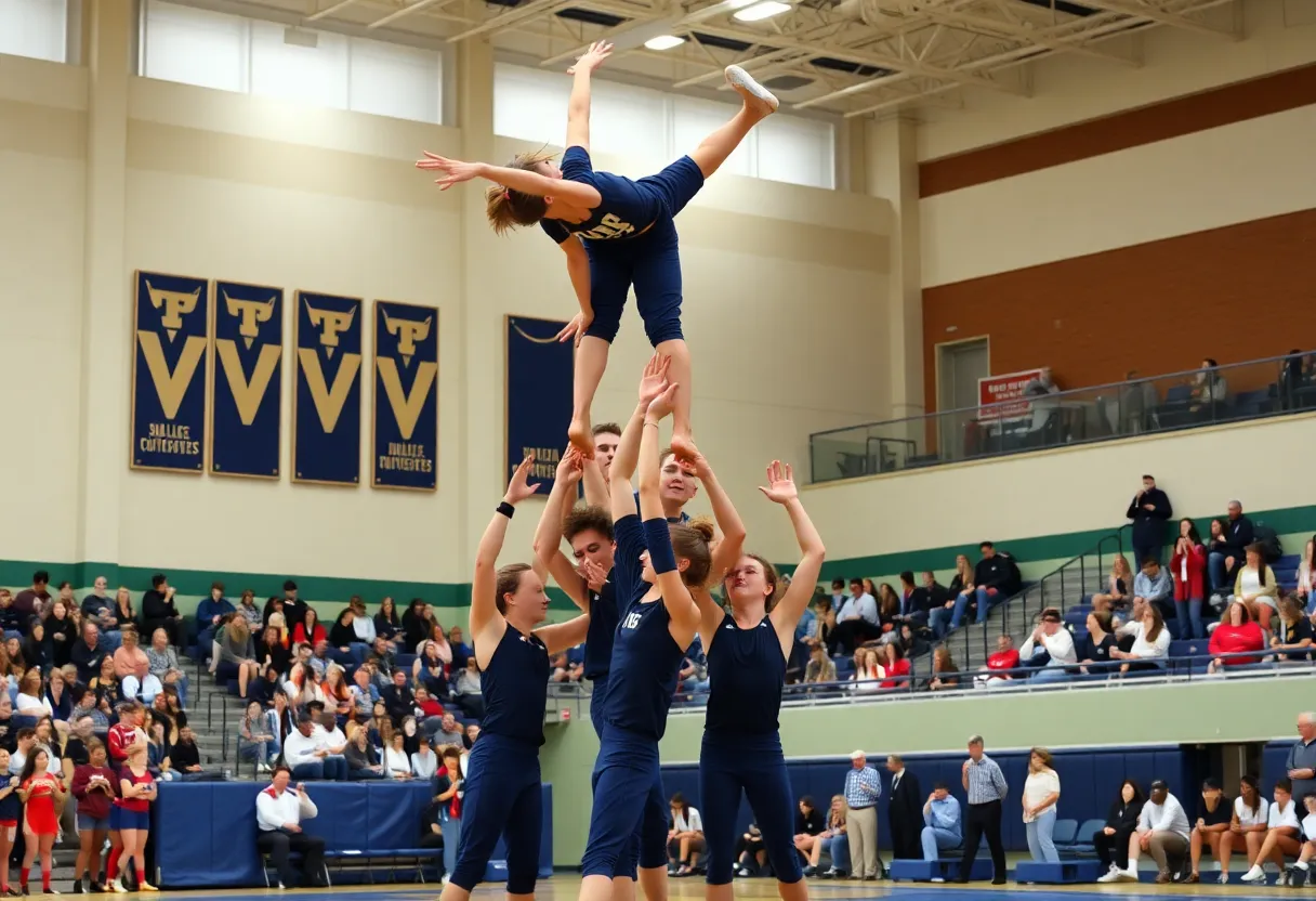 Newberry College Acrobatics and Tumbling team performing a pyramid formation during their debut match.