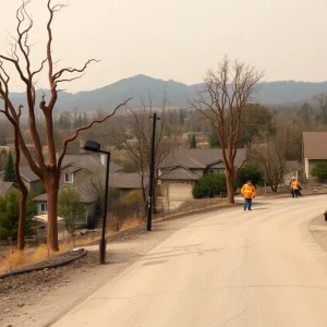 Community members and responders in a wildfire recovery area