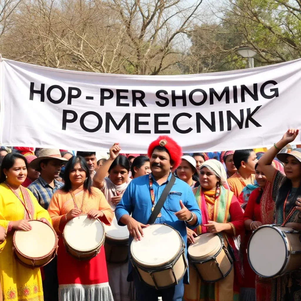 Community members celebrating the release of an Indigenous rights activist with banners and traditional attire.