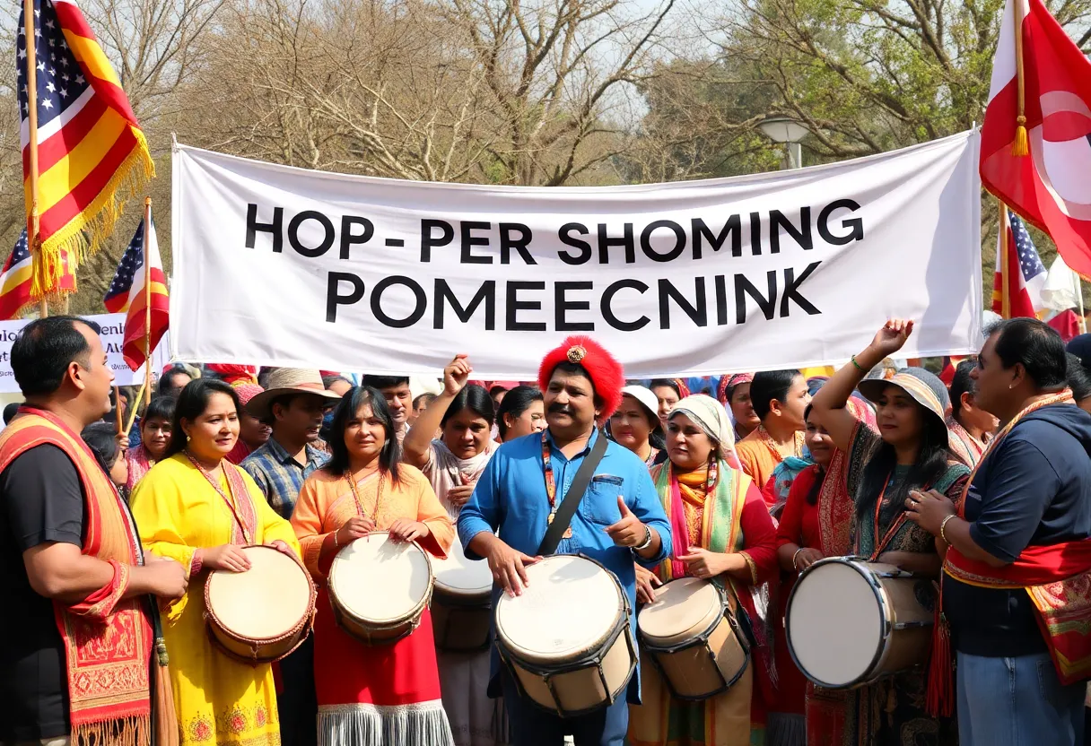 Community members celebrating the release of an Indigenous rights activist with banners and traditional attire.