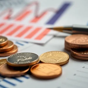 Piles of pennies with budget documents in the background