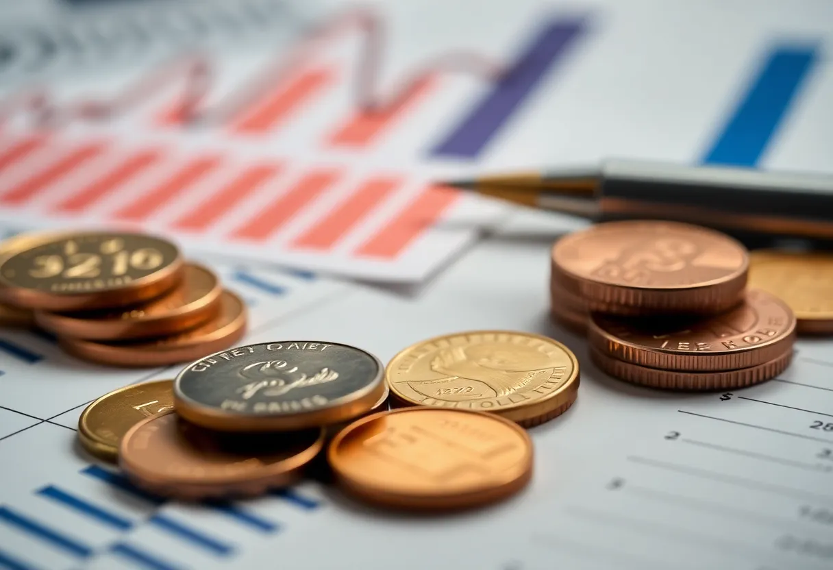 Piles of pennies with budget documents in the background