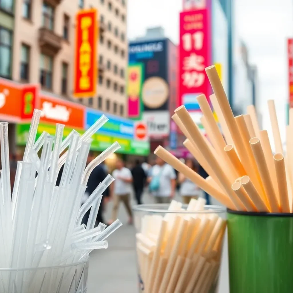 A comparison image illustrating plastic straws alongside paper straws in an urban setting.