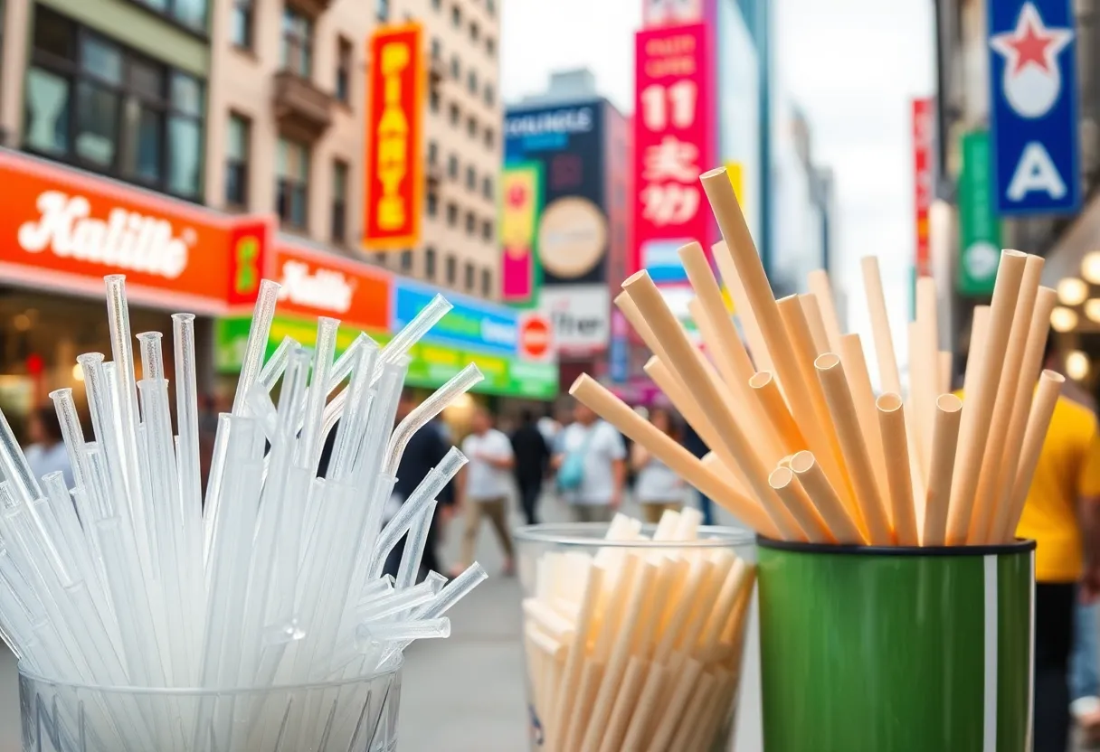 A comparison image illustrating plastic straws alongside paper straws in an urban setting.