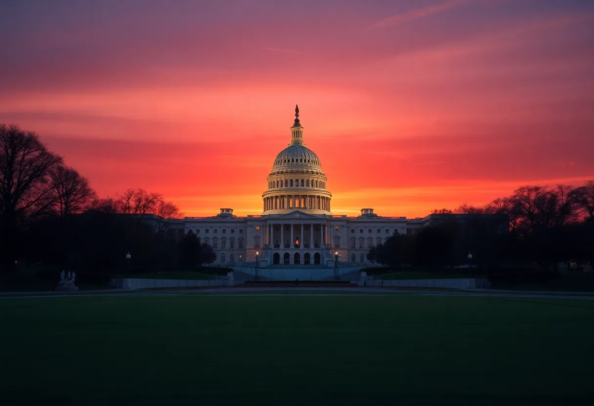 Sunset over the U.S. Capitol symbolizing a shift in political leadership.