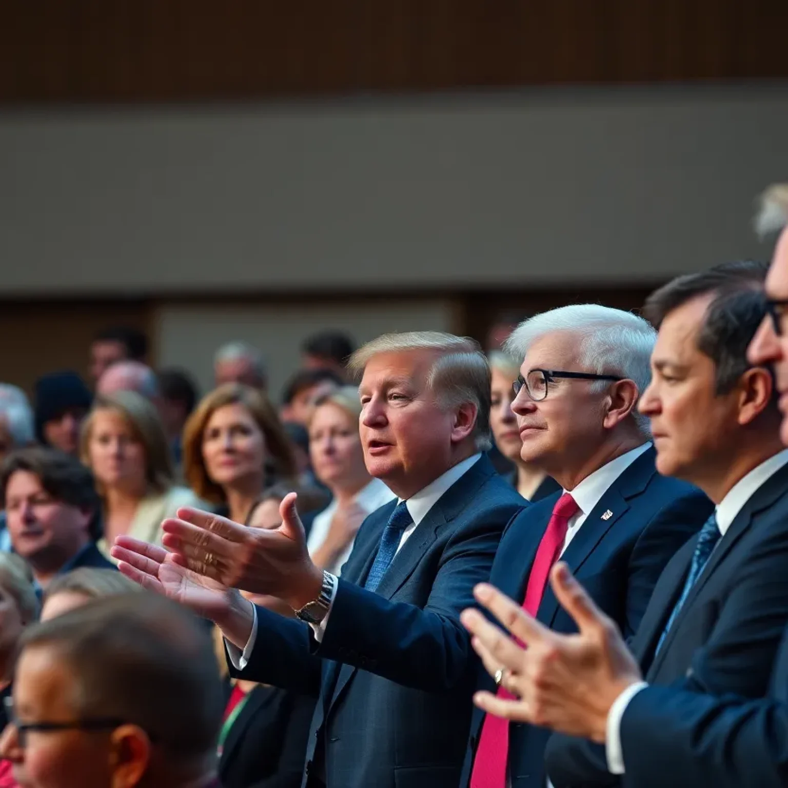 Diverse leaders speaking at a political conference, depicting tension.