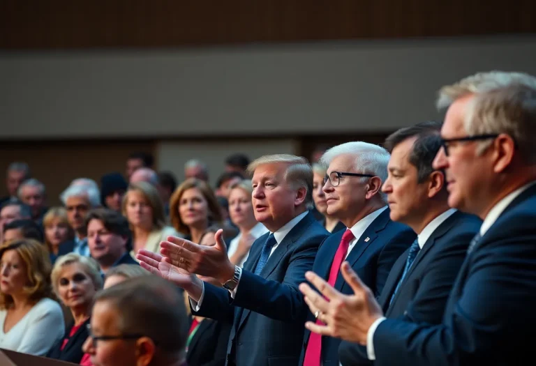 Diverse leaders speaking at a political conference, depicting tension.