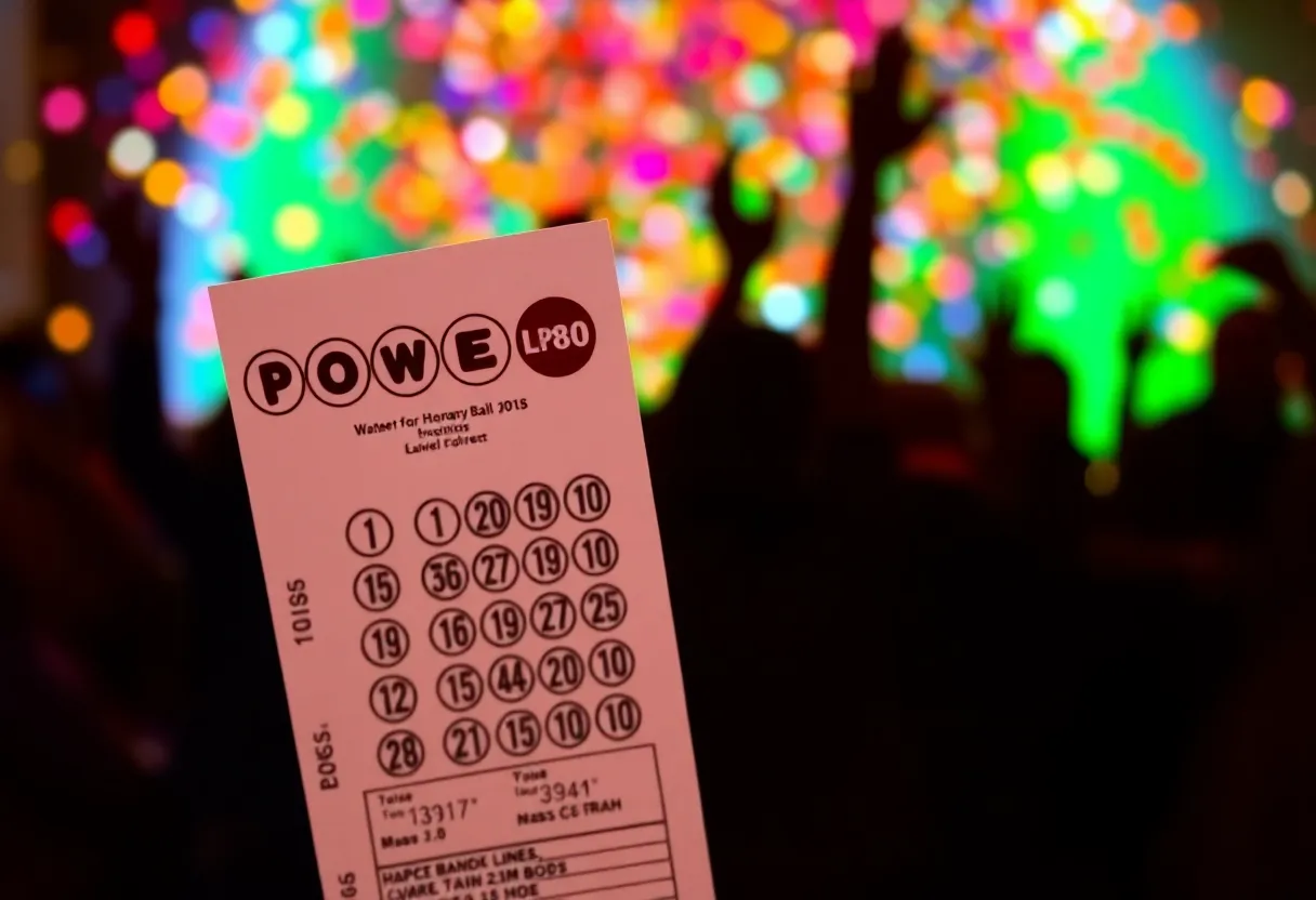 A Powerball ticket surrounded by colorful confetti celebrating a $100,000 win