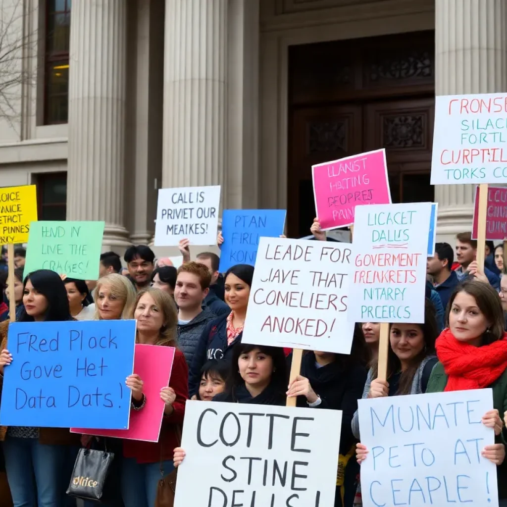 Protesters outside the Treasury building voicing concerns over DOGE access.