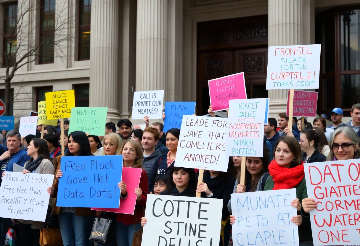 Protesters outside the Treasury building voicing concerns over DOGE access.