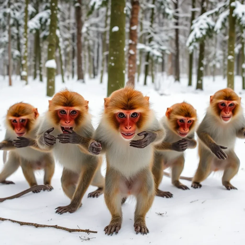 Rhesus Macaque Monkeys in Snowy Forest