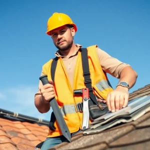 A construction worker assessing a roof before replacement.